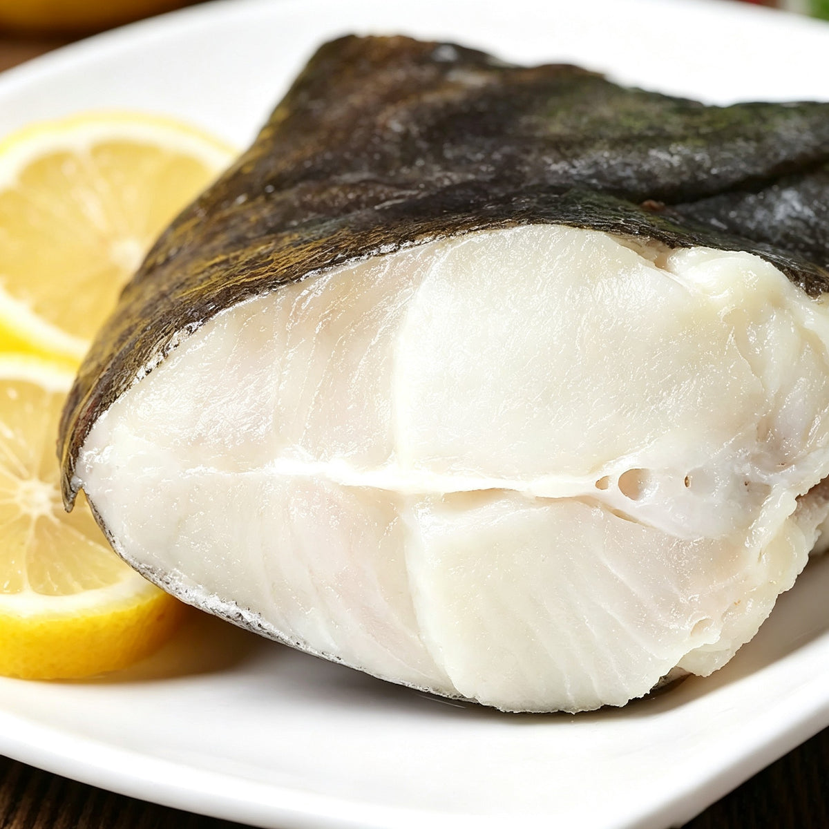 Frozen wild halibut head cut with thick white flesh and dark skin (1)