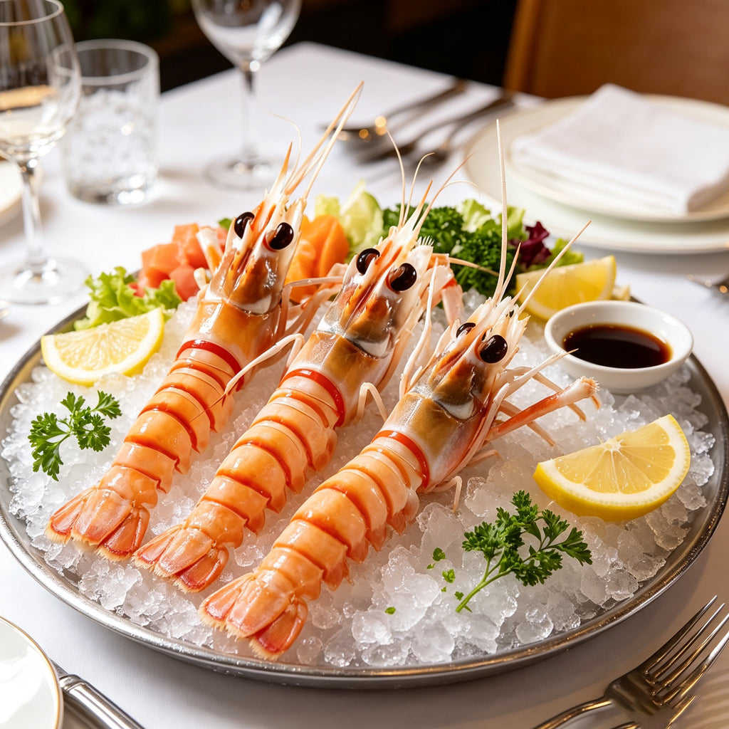 Wild caught frozen scampi langoustines arranged on crushed ice (1)